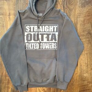 NWOT Gildan unisex Gray Hoodie with White "Straight Outta Tilted Towers" Graphic